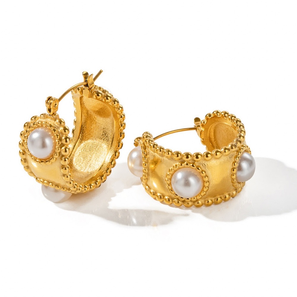 (A12) 18k Plated Jumbo Pearl Embellished Hoop Earrings